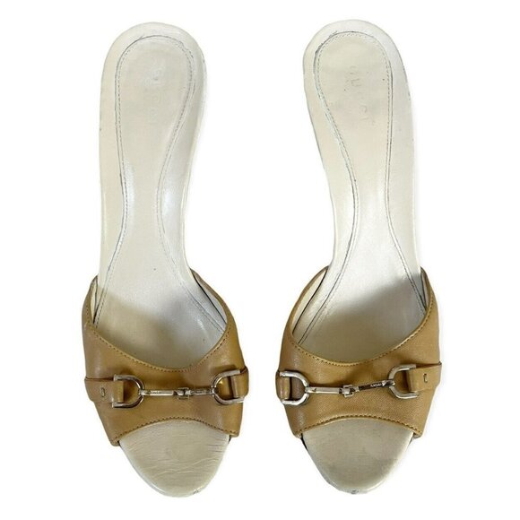 Gucci Women's Tan Leather Open Toe High Heel Slide Horsebit Sandals Sz 39 US 8.5 - Picture 2 of 11